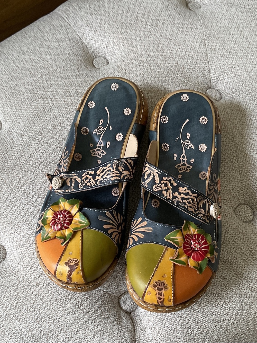 Socofy  Artisan  Multicolor Leather Floral Clogs - Women's Slip-On Sandals 8